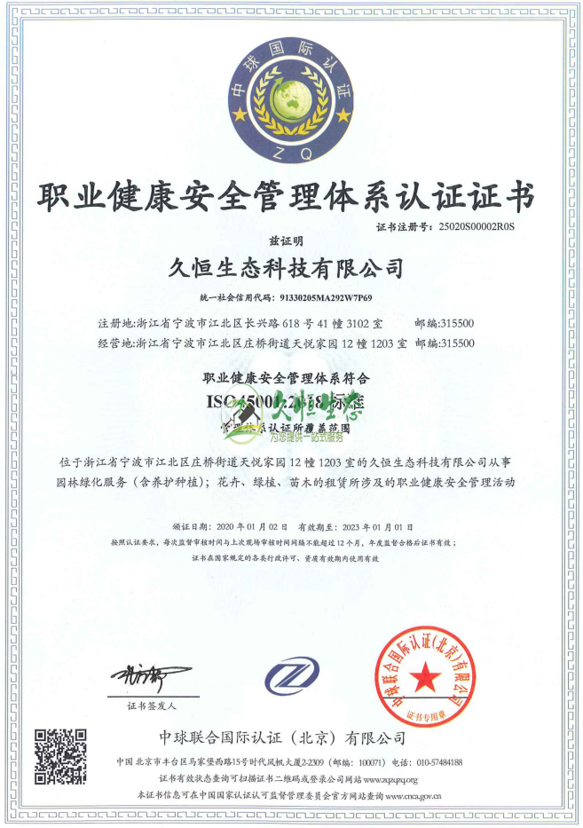 绍兴诸暨职业健康安全管理体系ISO45001证书